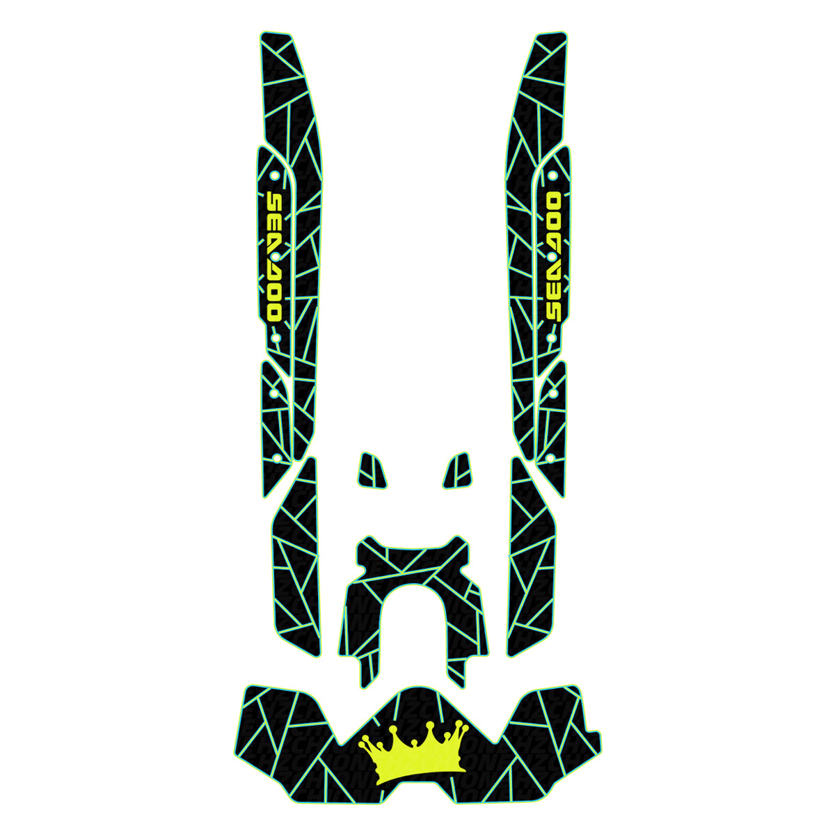 Black, neon yellow and cyan Sea-Doo traction mats for 2019-2026 RXT-X 300 325